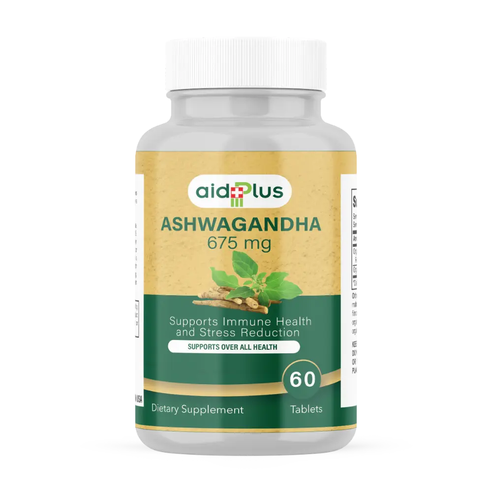 AID PLUS Organic Ashwagandha 60’s – 675mg for Stress Relief, Energy & Immune Support