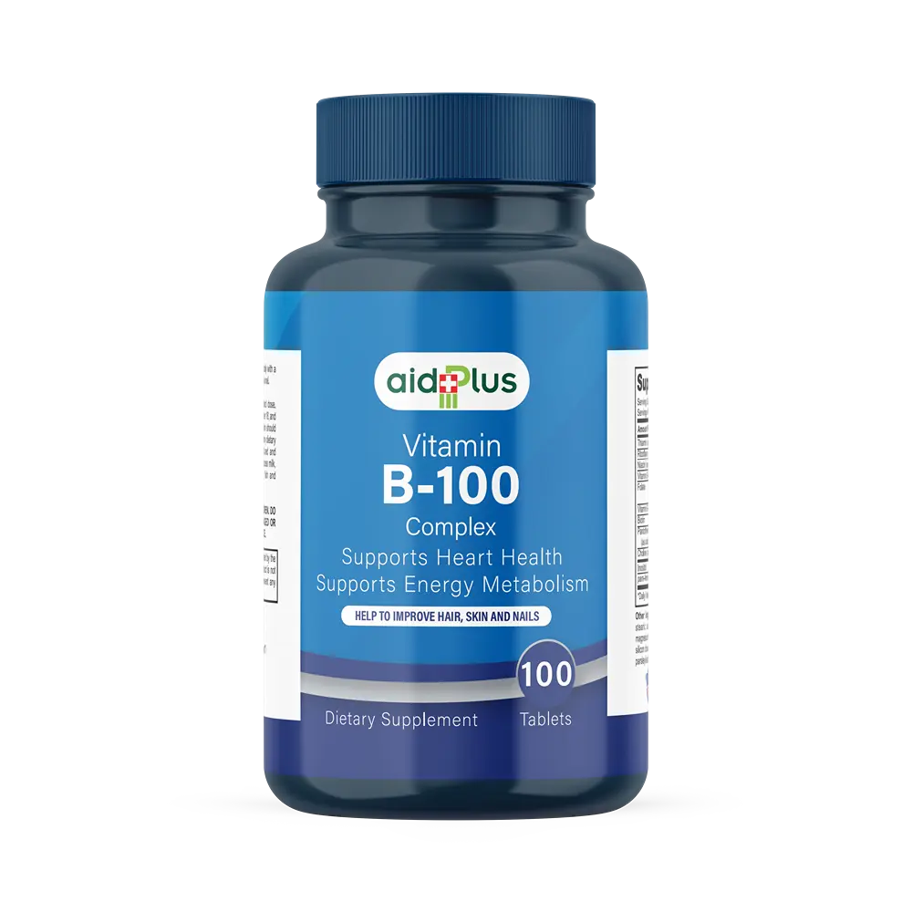 AID PLUS Vitamin B-100 Complex – High Potency B-Vitamin Blend – 100 Tablets